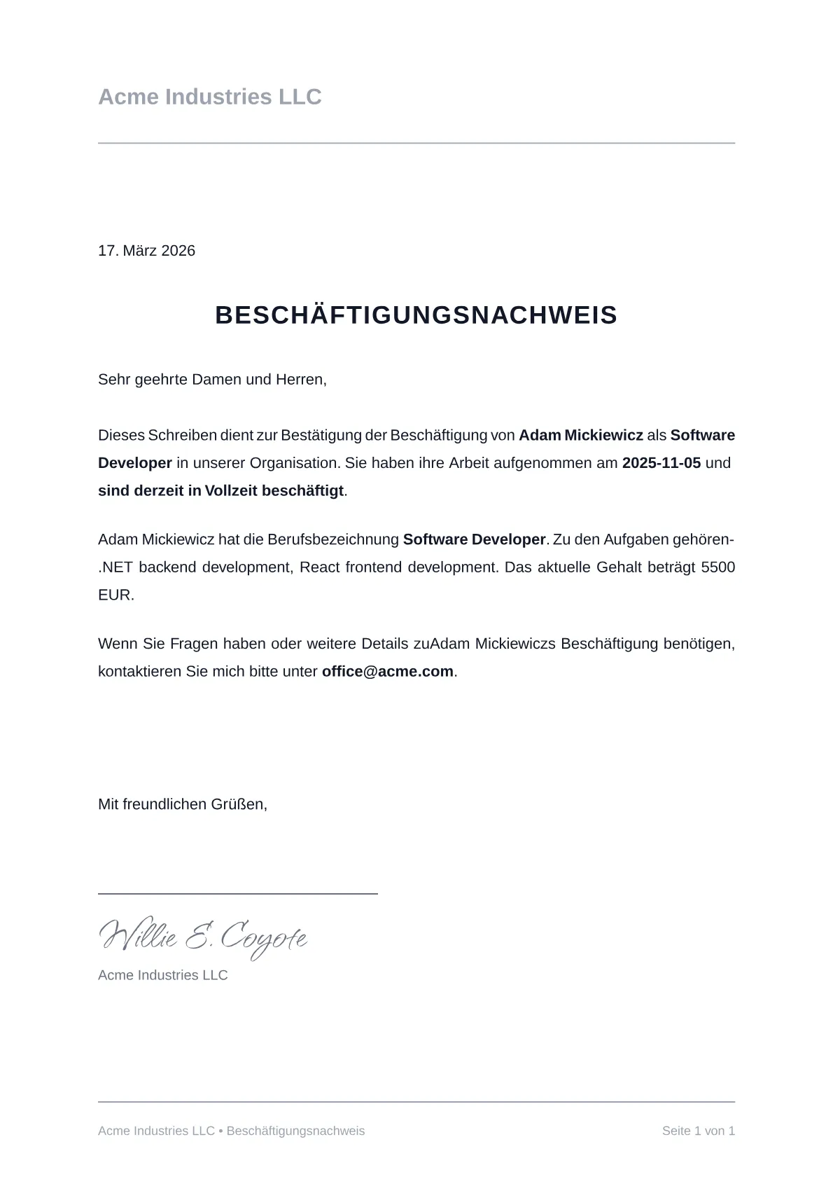 Musterbild eines Beschäftigungsnachweises