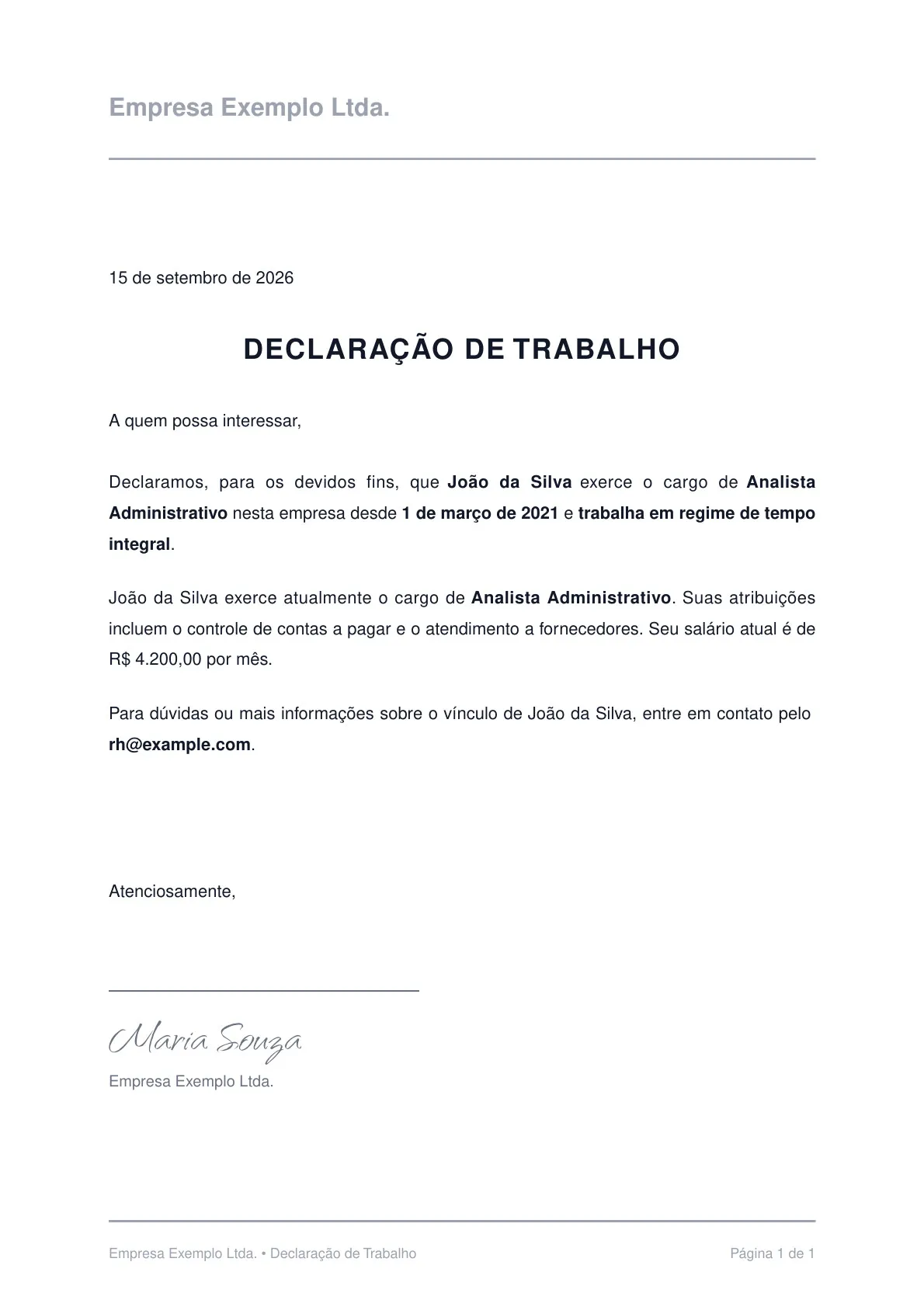 Exemplo de declaração de trabalho em PDF