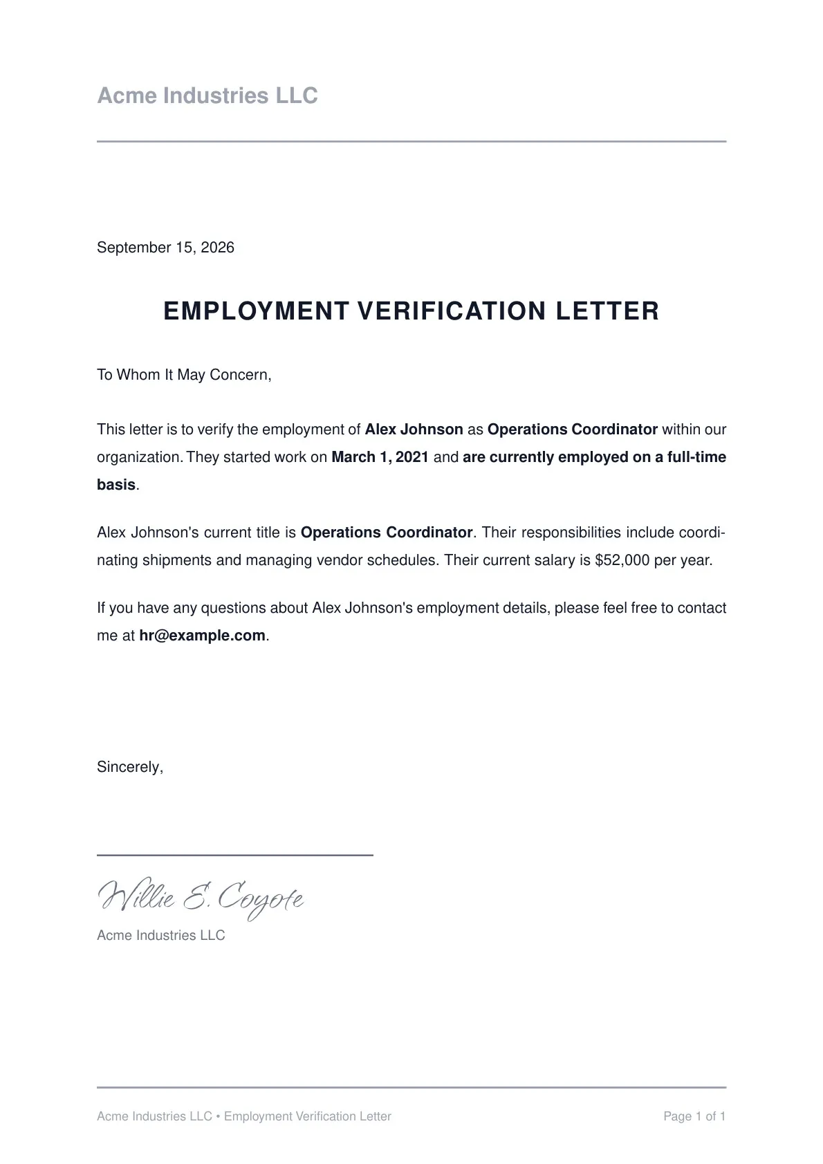 Employment Verification Letter Sample image
