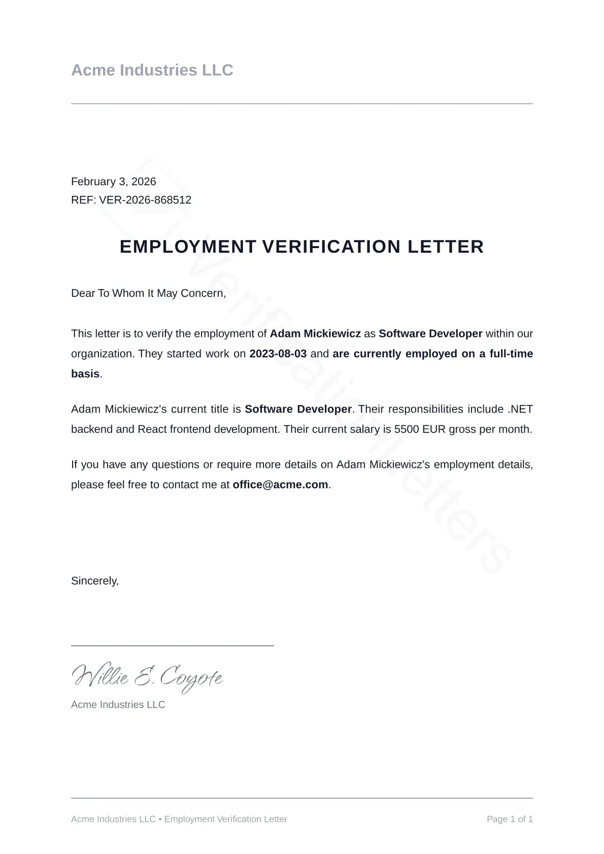 Employment Verification Letter Sample image