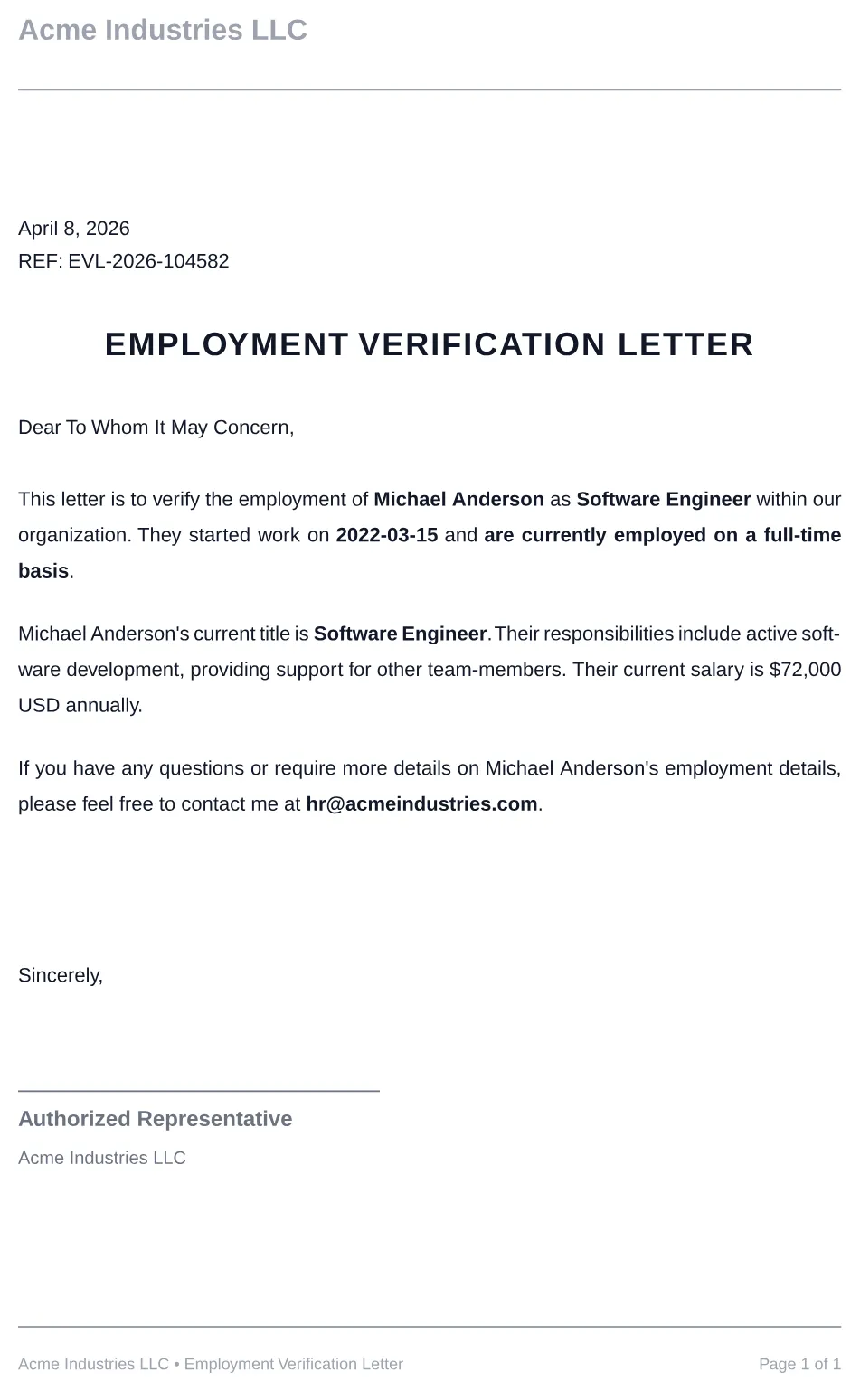 Sample Employment Verification Letter