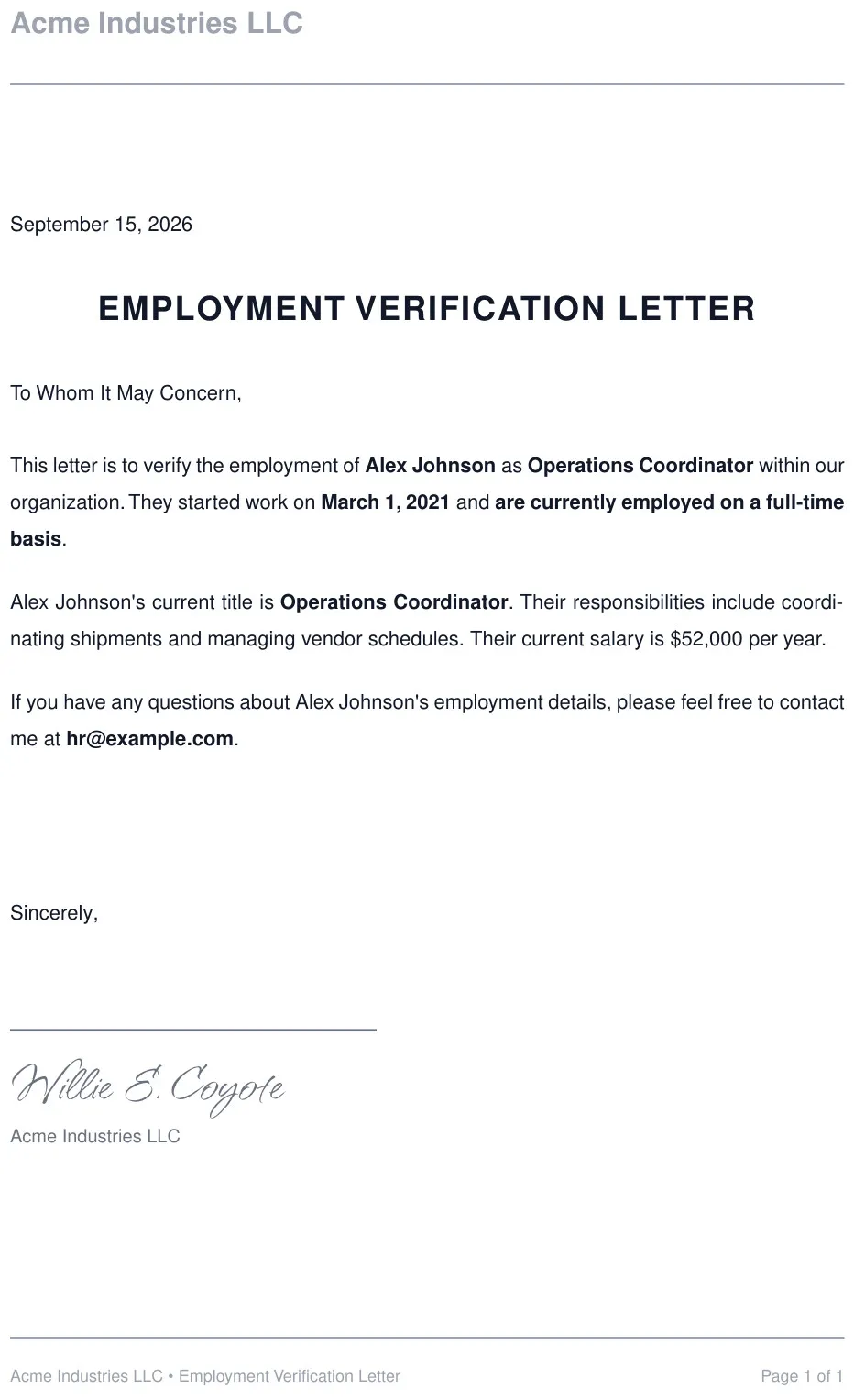 Sample Employment Verification Letter