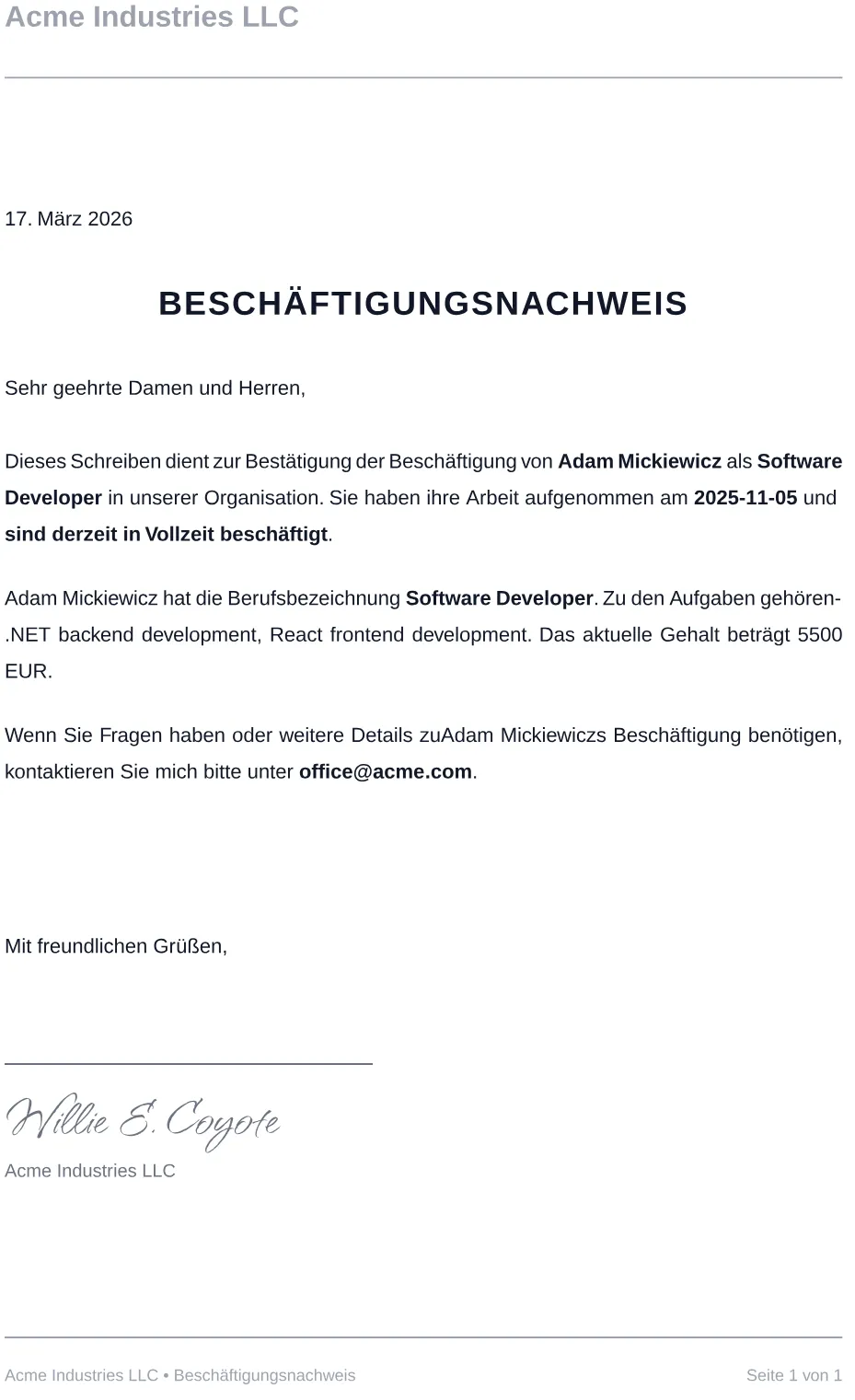 Beispiel Beschäftigungsnachweis