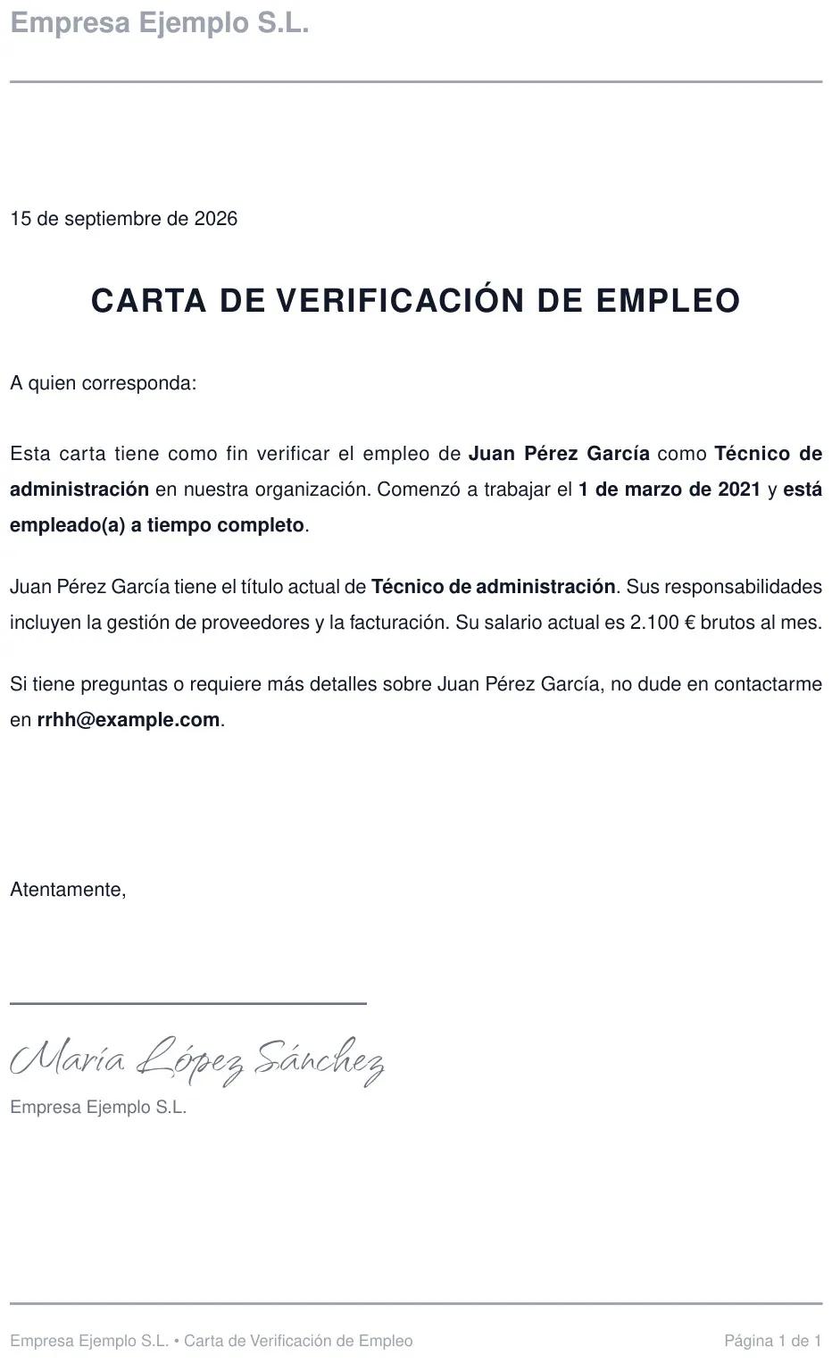 Ejemplo de carta de verificación de empleo