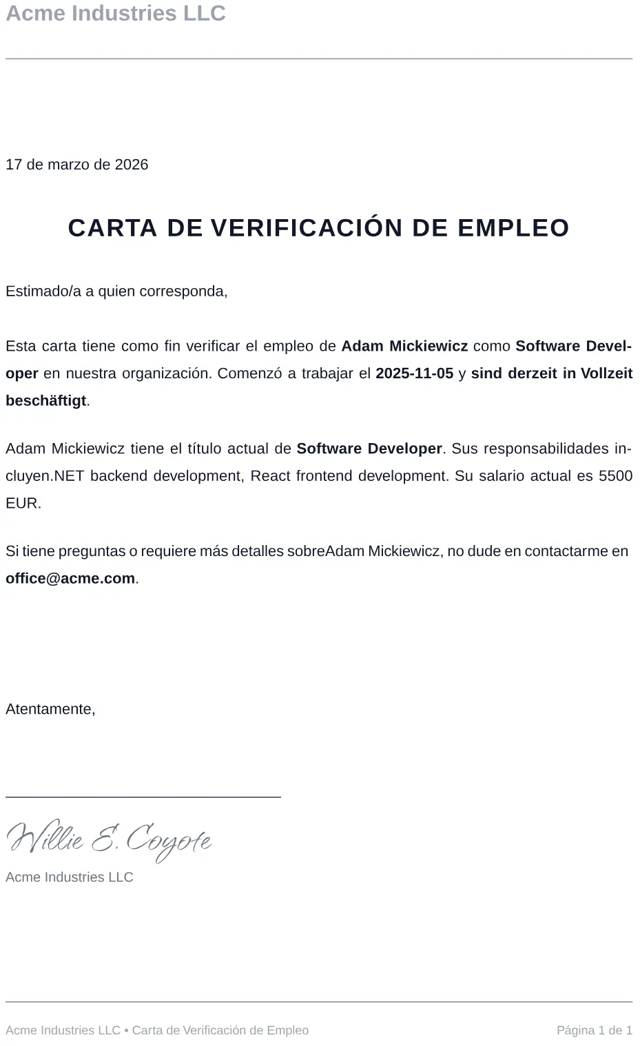 Ejemplo de carta de verificación de empleo