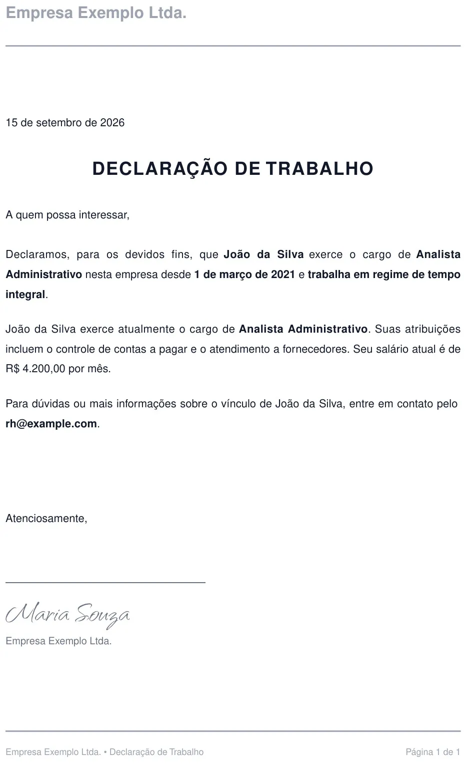Exemplo de declaração de trabalho