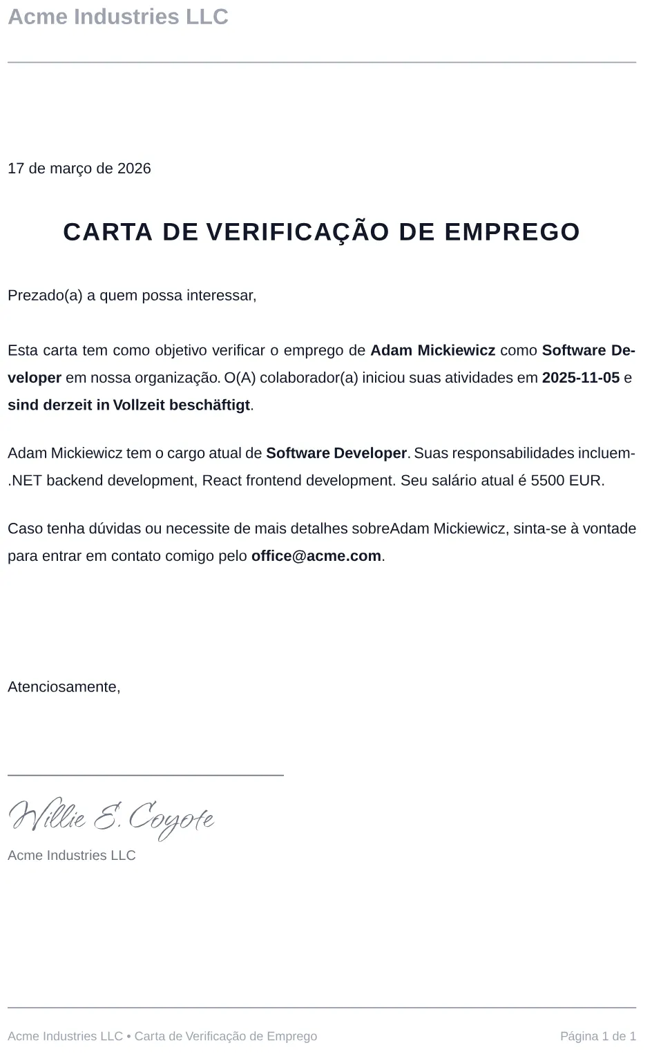 Exemplo de Carta de Verificação de Emprego