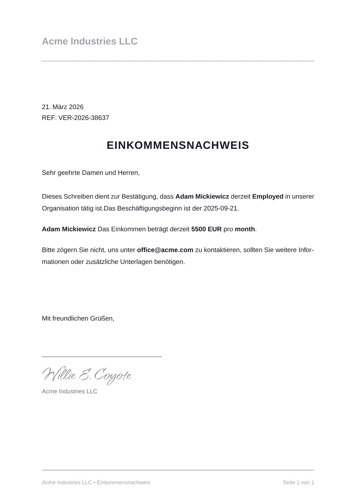 Muster eines Einkommensnachweises