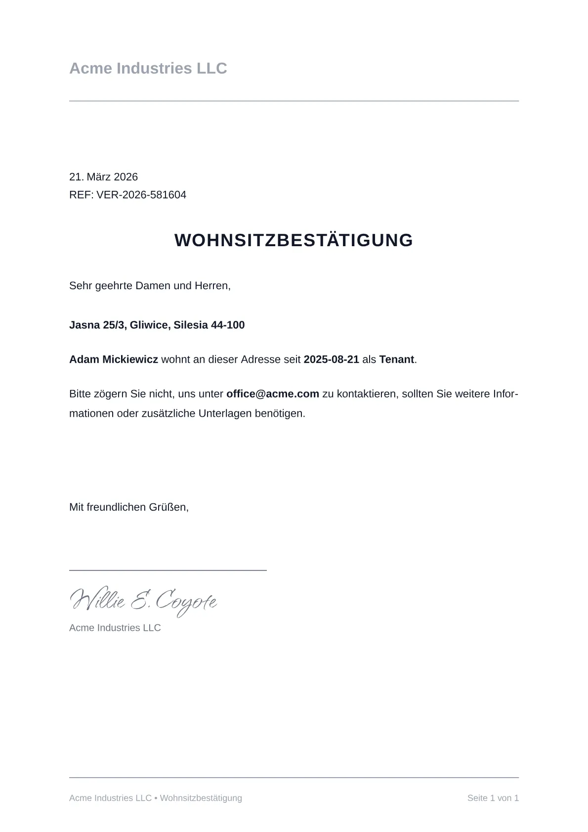 Muster eines Wohnsitznachweises