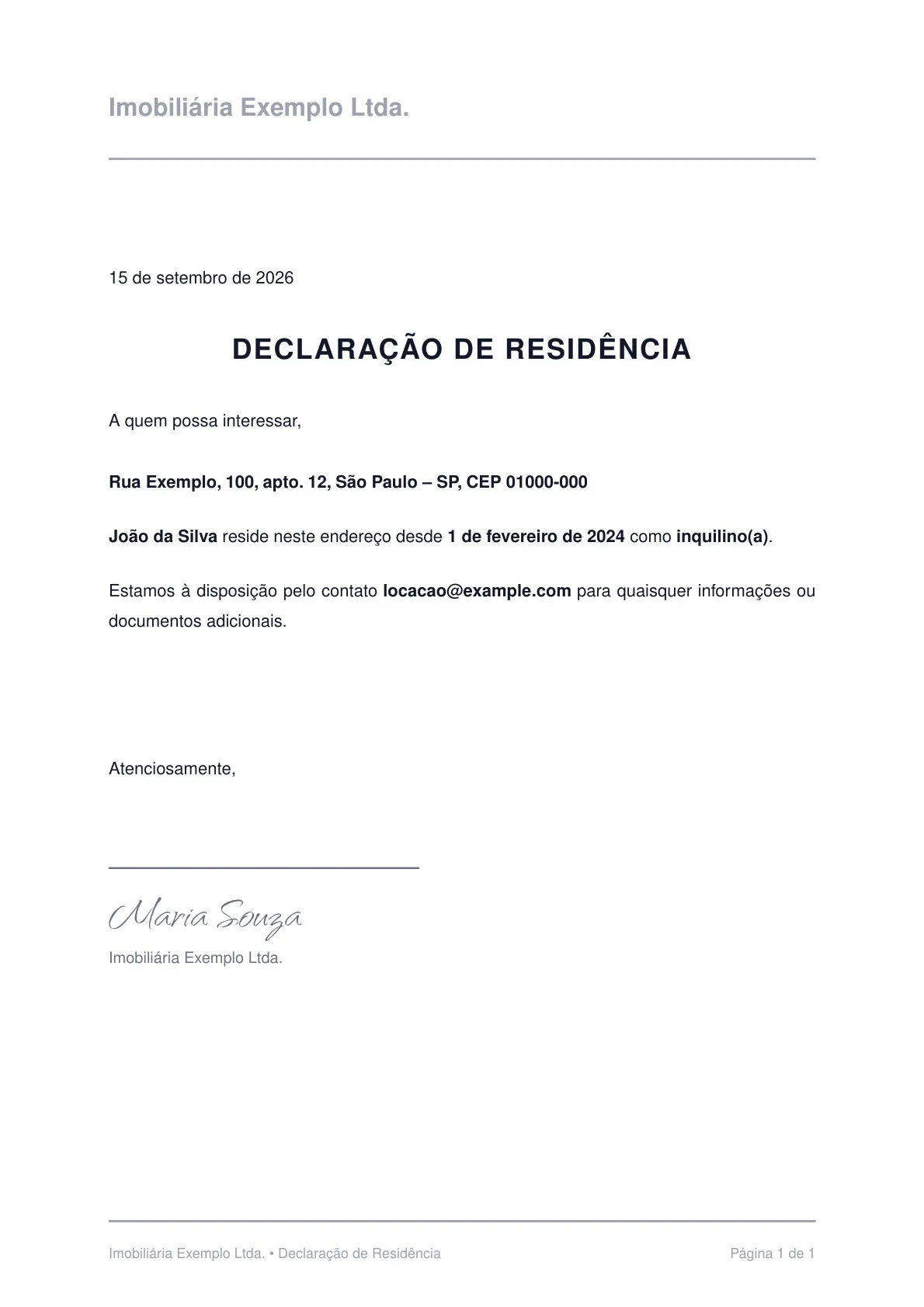 Exemplo de declaração de residência em PDF